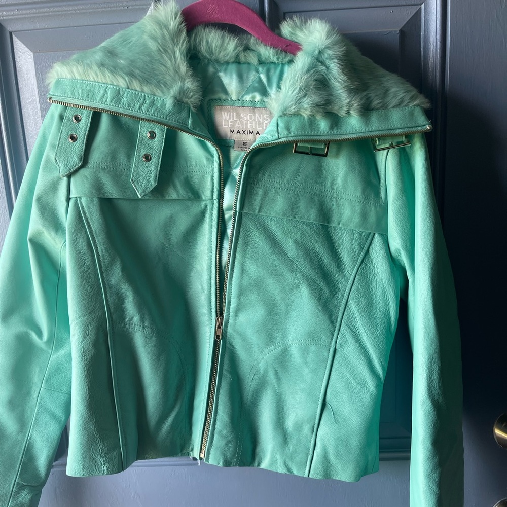 Beautiful teal leather jacket great for fall